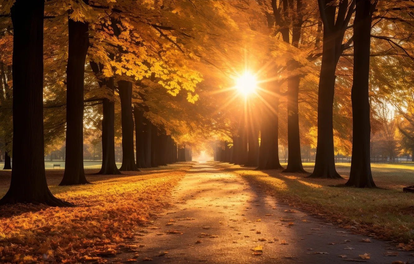 Photo wallpaper road, autumn, the sun, rays, light, trees, branches, Park