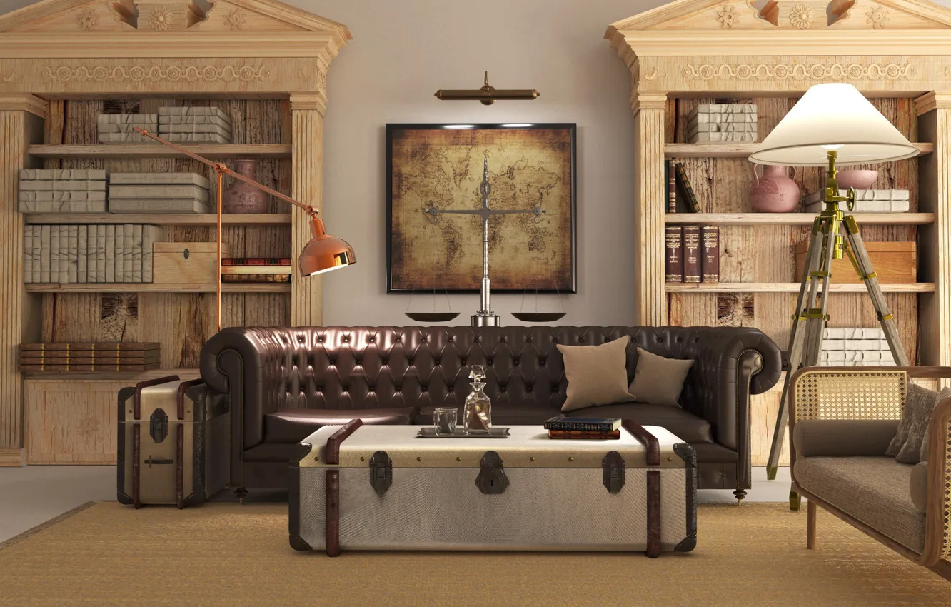 Photo wallpaper design, style, room, interior, book, living room, chesterfield sofa, by Restoration Hardware