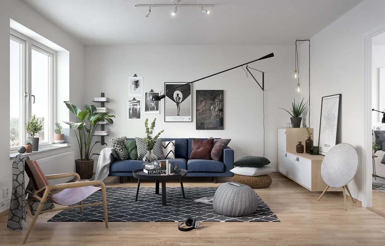 Photo wallpaper design, lamp, room, interior, plants, sofa, living room, poof