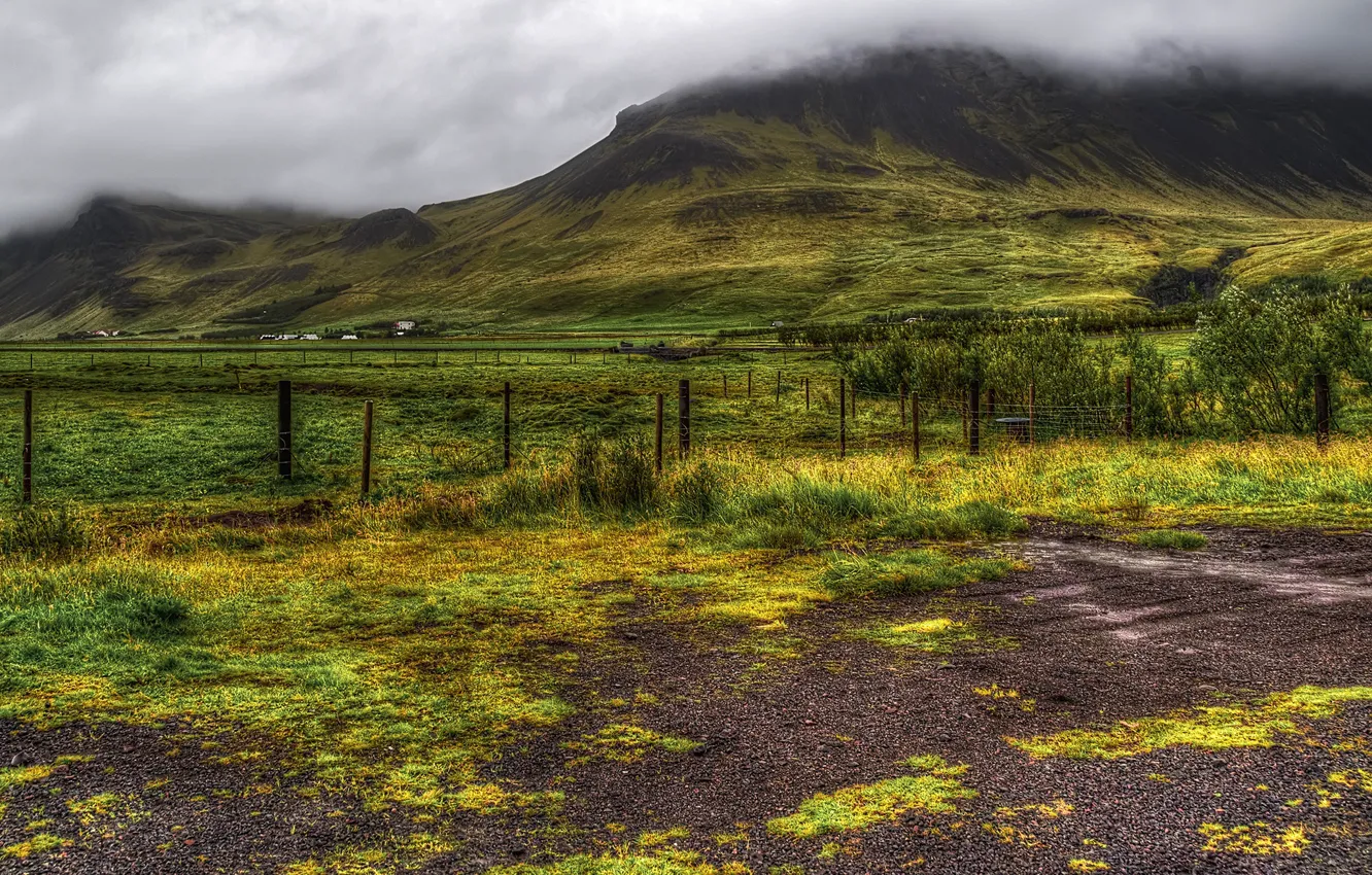Photo wallpaper greens, field, grass, clouds, mountains, fog, HDR, the fence