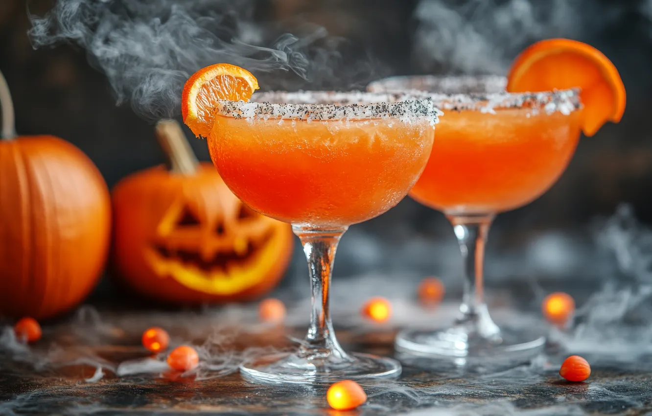 Photo wallpaper autumn, holiday, glass, orange, cocktail, pumpkin, Halloween, drink