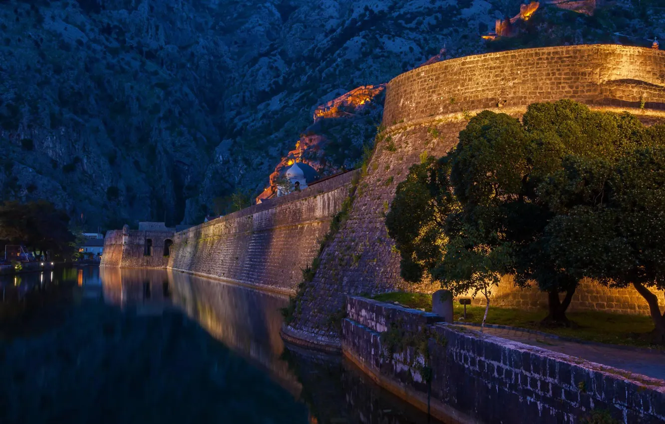 Photo wallpaper sea, mountains, night, lights, Montenegro, To