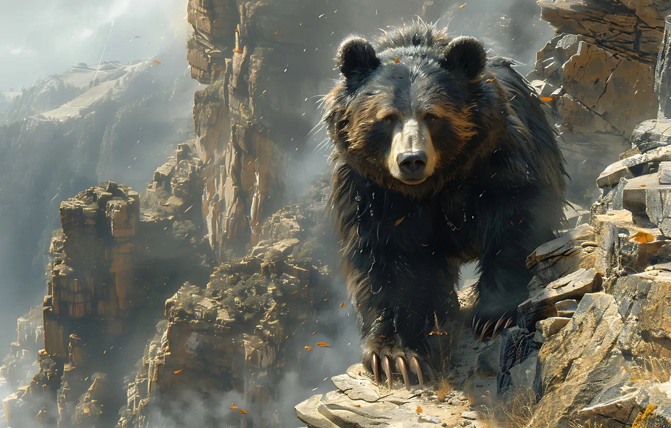 Photo wallpaper look, rocks, predator, bear, digital art, Black bear, AI art, The Art of Artificial Intelligence