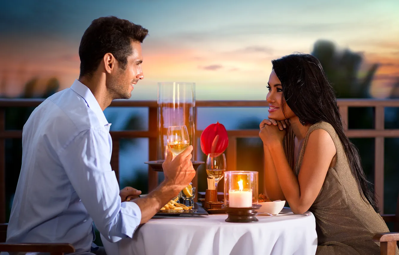 Photo wallpaper look, girl, wine, romance, the evening, candles, pair, cafe