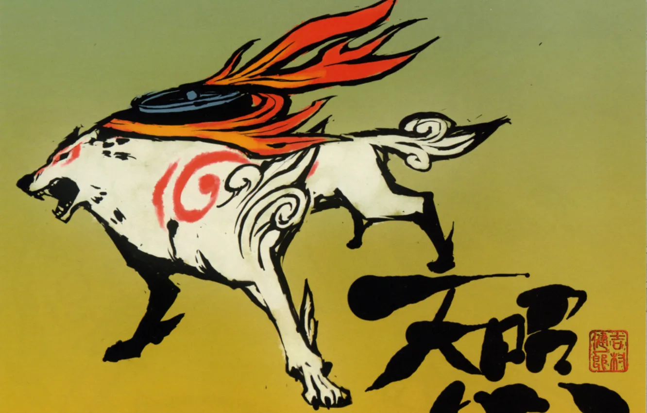 Photo wallpaper flame, wolf, characters, grey background, deity, Okami, Amaterasu