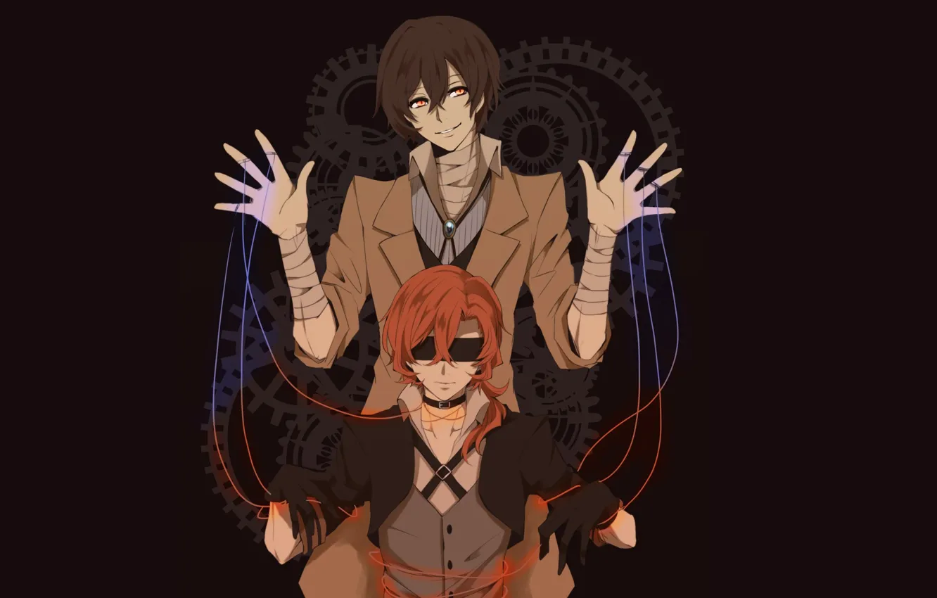 Photo wallpaper guys, black background, sestrenki, Bungou Stray Dogs, Stray Dogs: A Literary Genius, Nakahara Chuuya, Dazai …