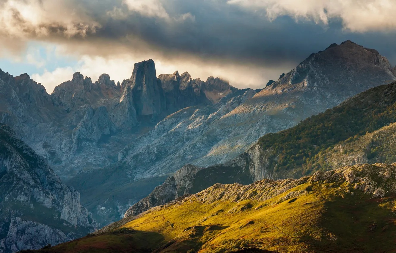 Photo wallpaper the sky, clouds, trees, sunset, mountains, nature, rocks, Spain