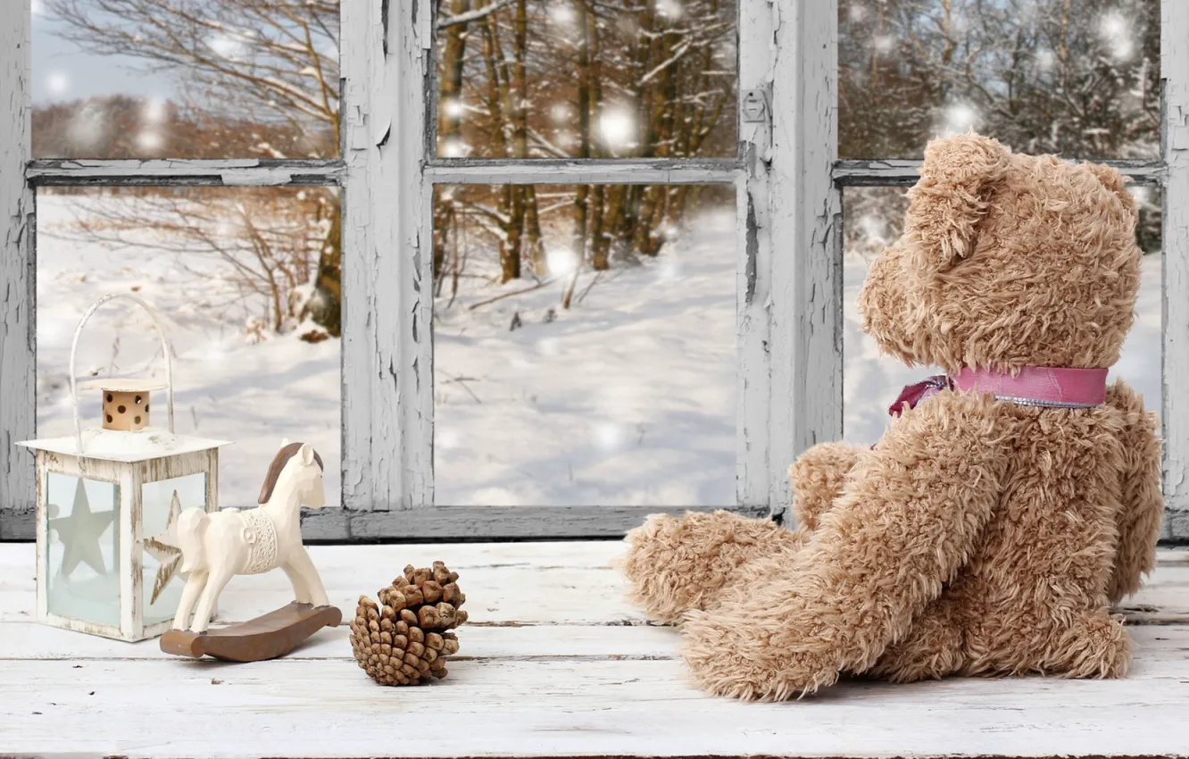 Photo wallpaper winter, snow, nature, toys, new year, Christmas