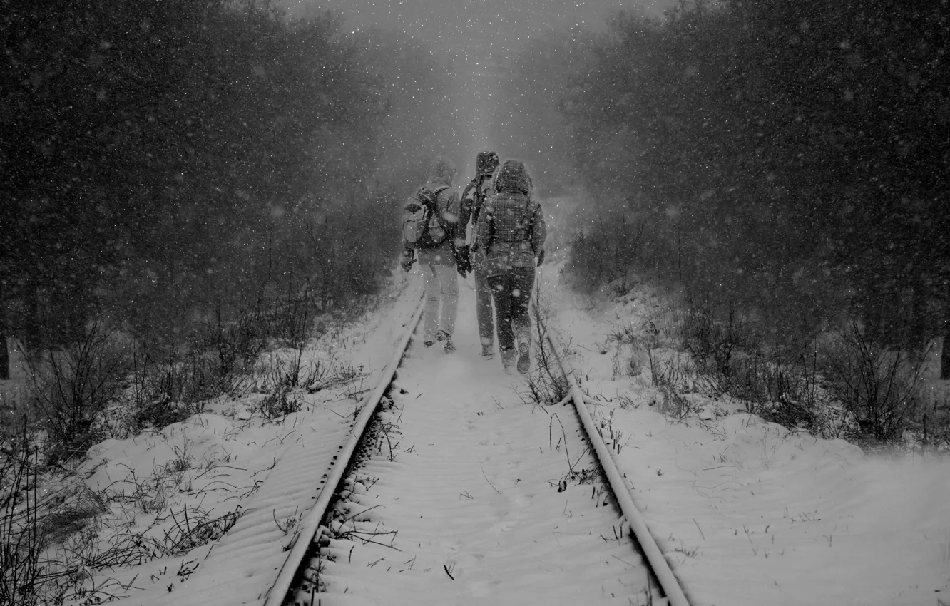 Photo wallpaper winter, snow, Trio, rails, tie, railroad, winter railroad, the snow