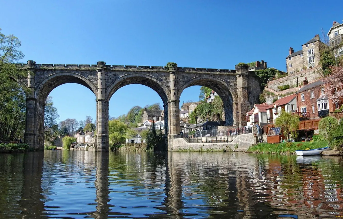 Photo wallpaper bridge, river, home, arch