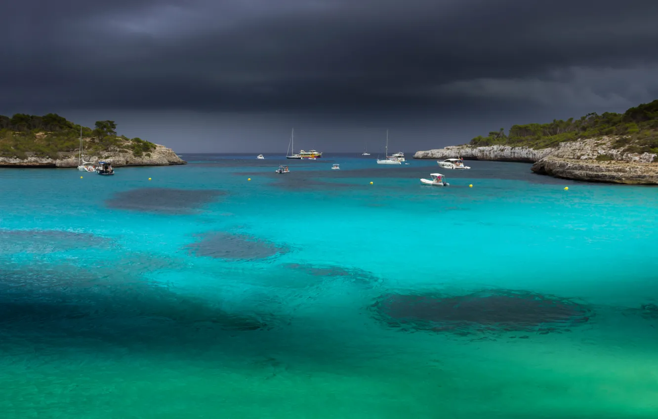 Photo wallpaper Bay, yachts, Spain, Balearic Islands, Santanyi