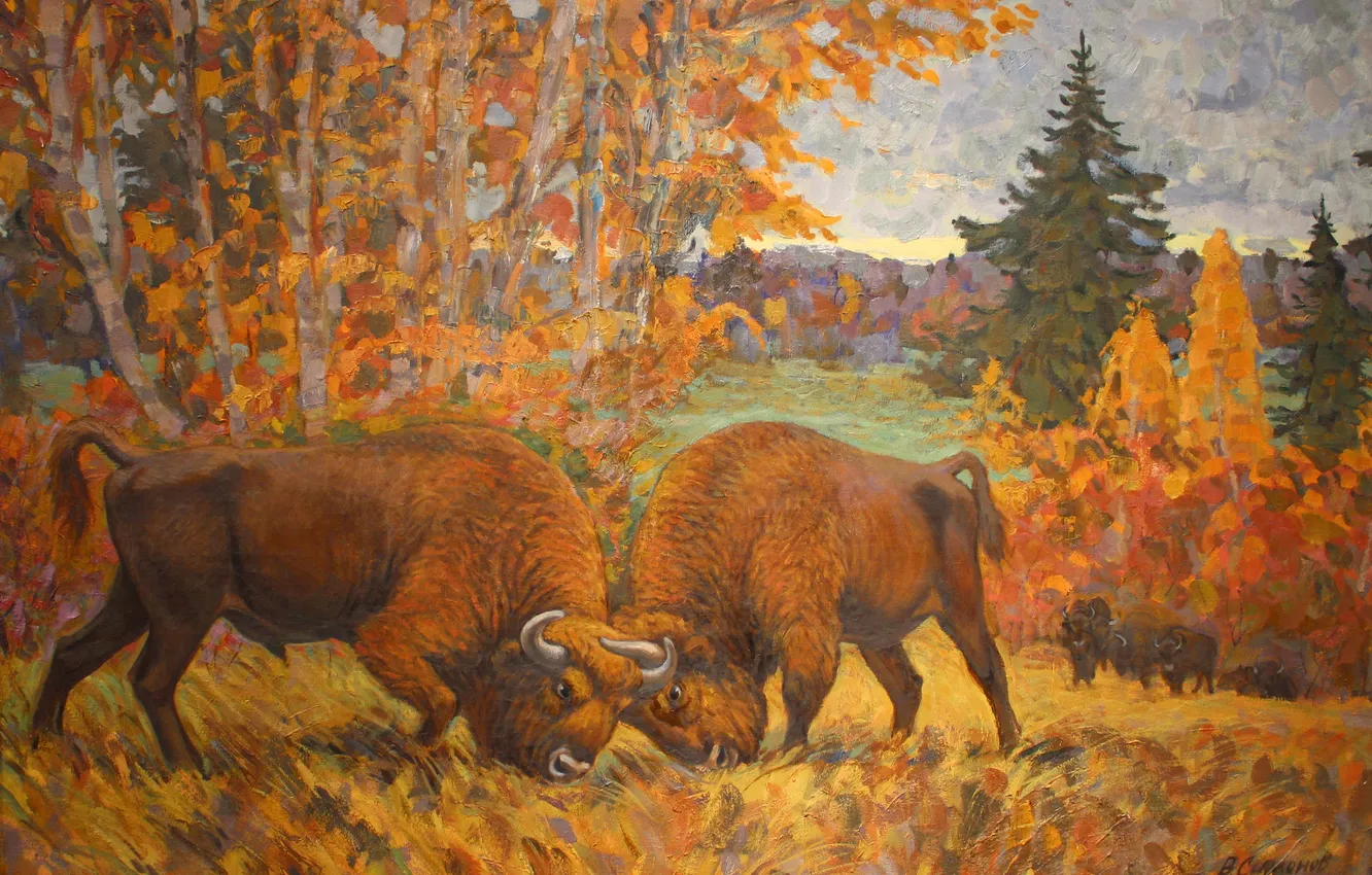 Photo wallpaper Trees, Picture, Bison, The battle of the bison of the Prioksko-Terrasny Reserve, Valery Simonov, Valery …