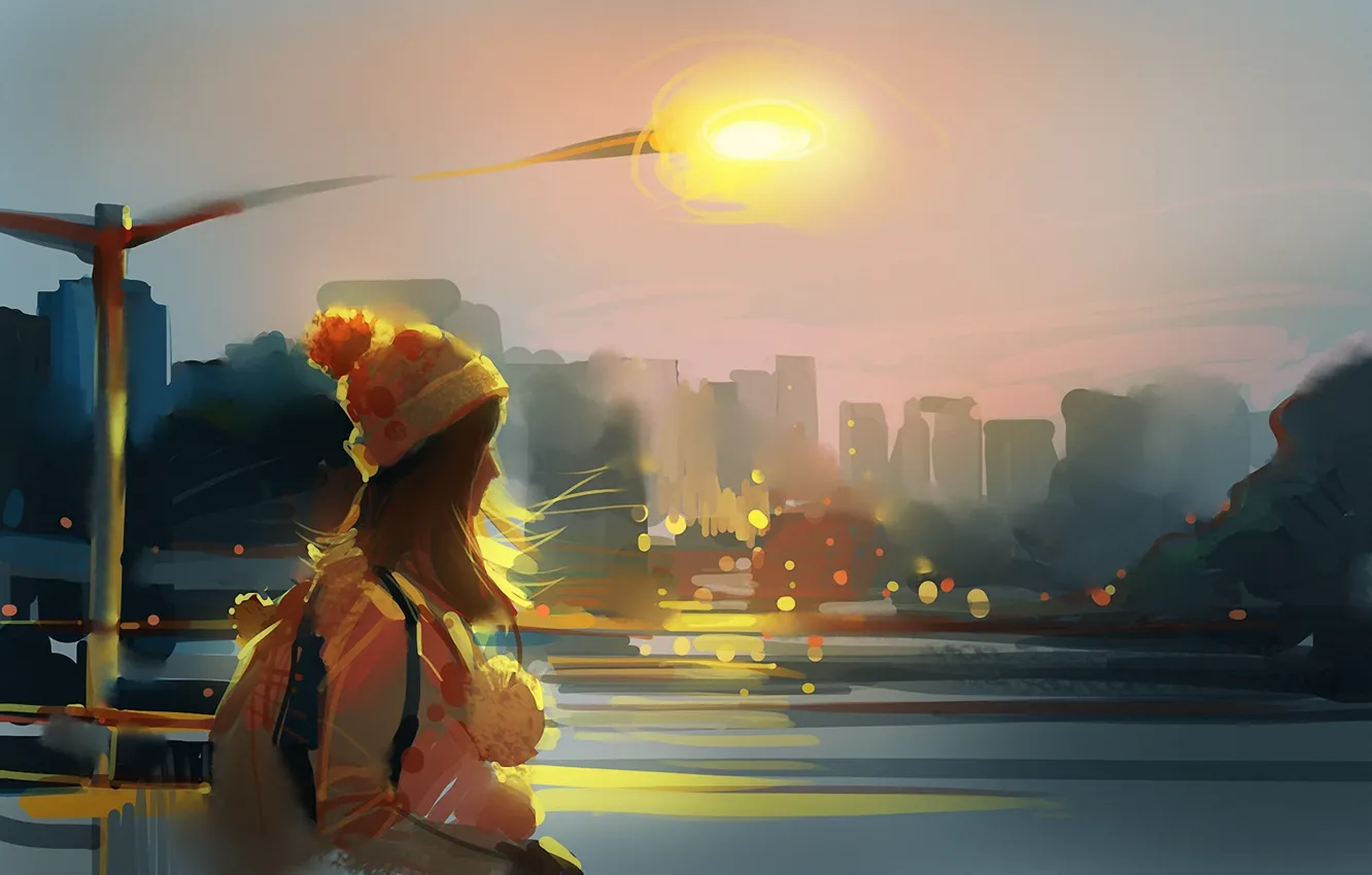 Photo wallpaper girl, the city, river, the wind, hat, art, lantern, backpack
