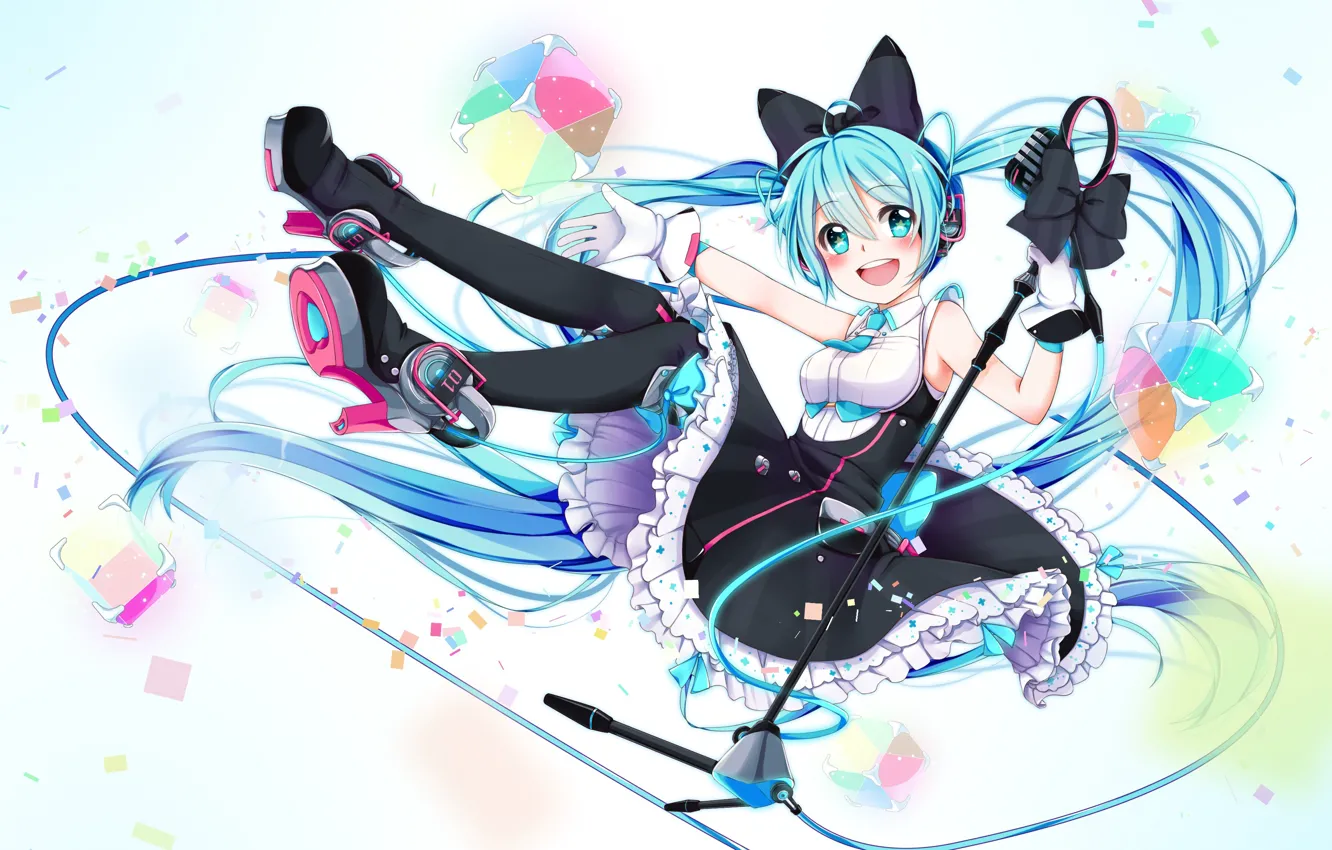 Photo wallpaper girl, smile, sweetheart, anime, art, wire, microphone, vocaloid