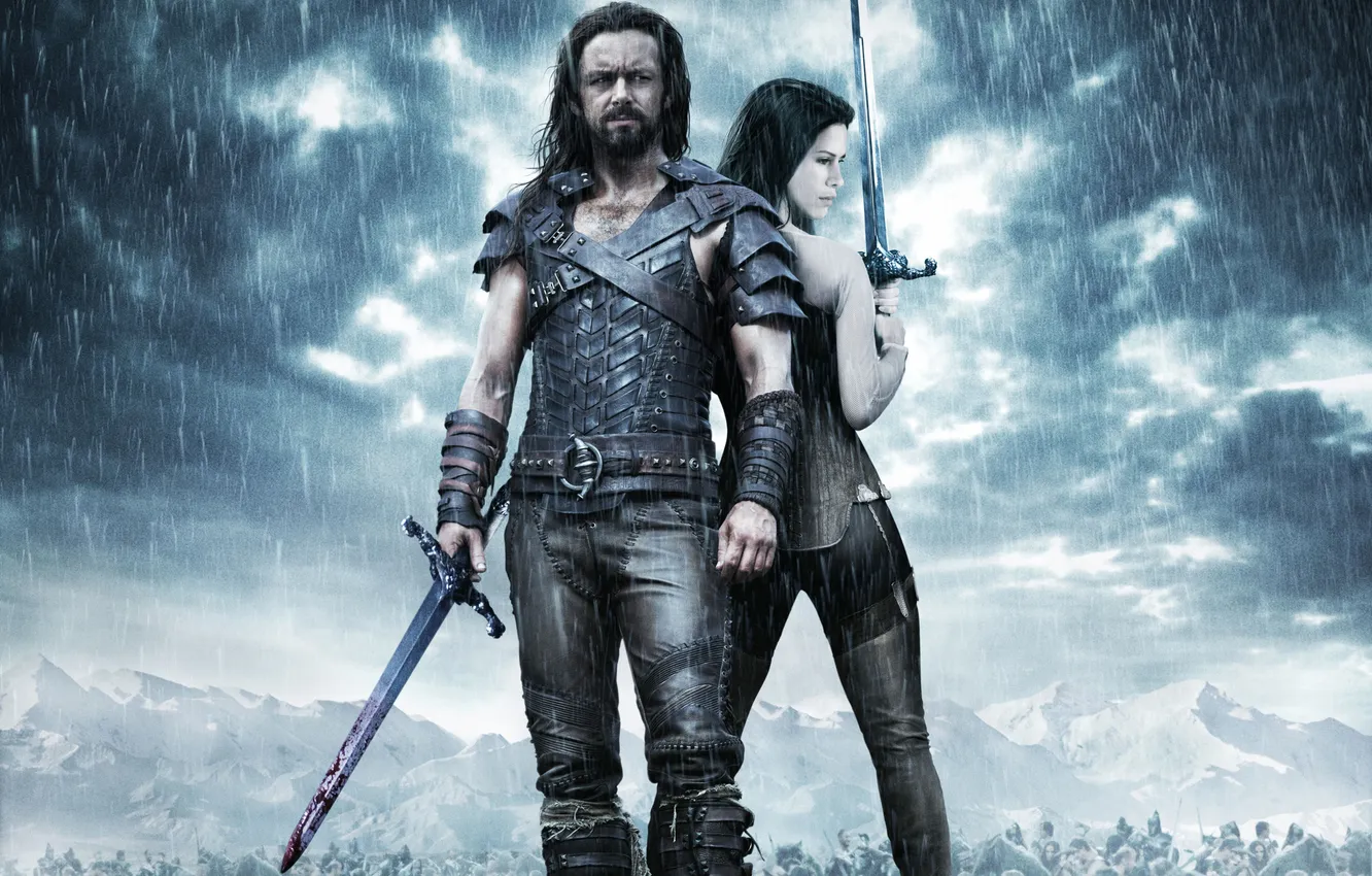 Photo wallpaper clouds, rain, blood, sword, fantasy, vampire, Rhona Mitra, battle