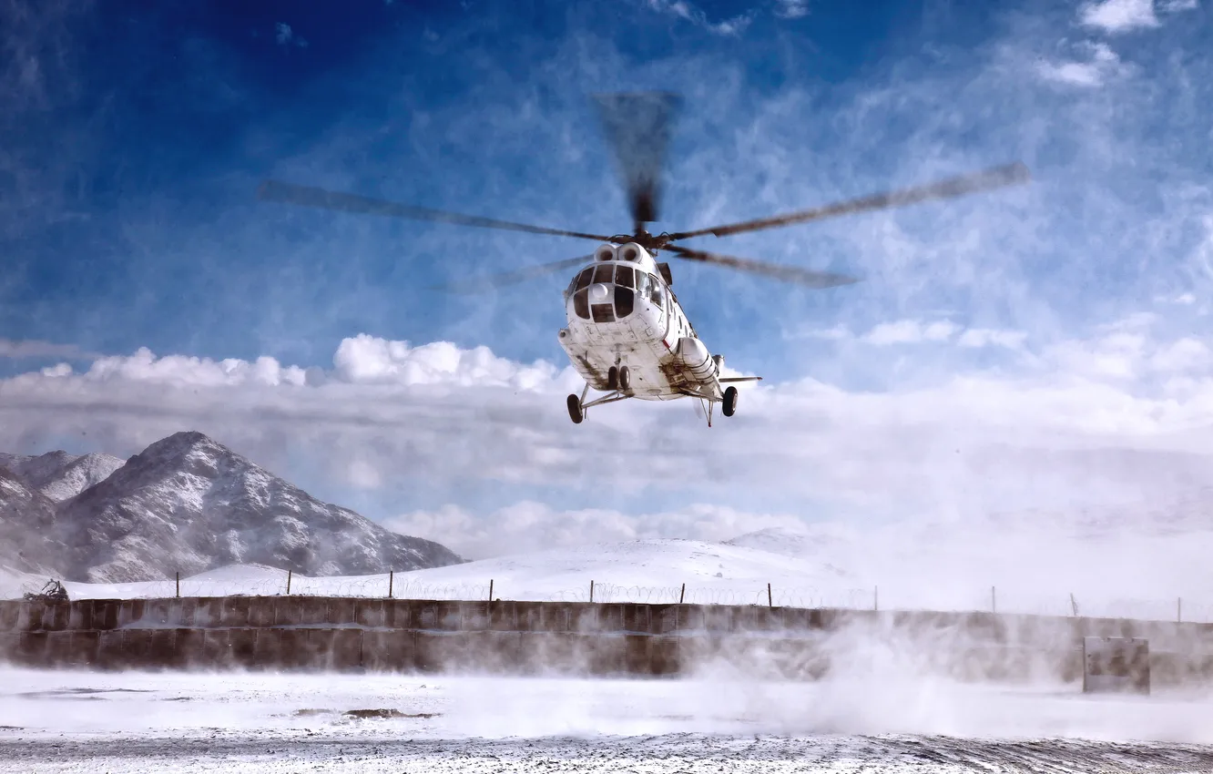 Photo wallpaper Clouds, White, Helicopter, Day, Aviation, Multipurpose, Landing, Mi 8
