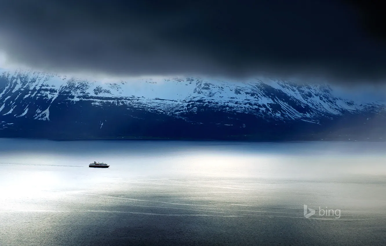 Photo wallpaper the sky, mountains, clouds, lake, ship, Norway, ferry, The Lyngen Alps
