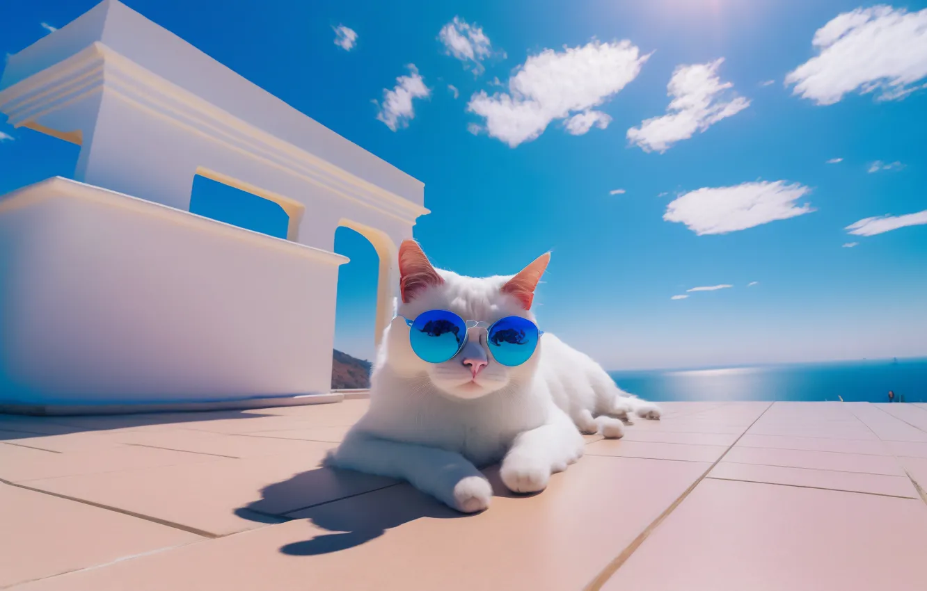 Photo wallpaper sky, blue, cat, glasses