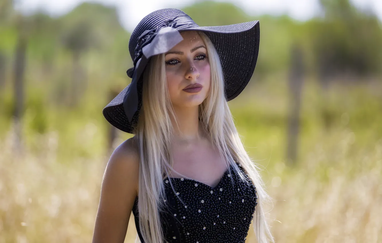 Photo wallpaper girl, hair, hat, blonde, bokeh