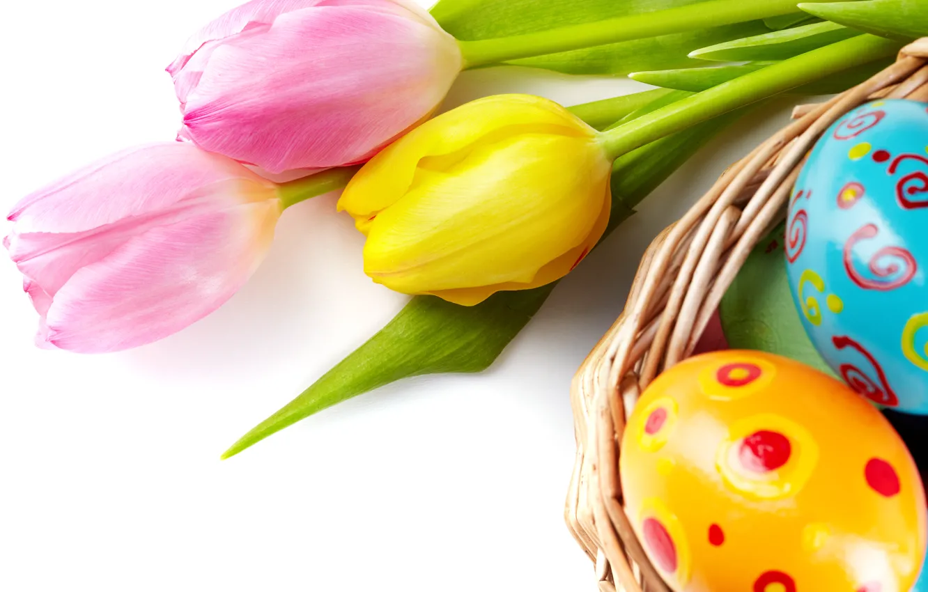 Photo wallpaper flowers, eggs, spring, Easter, tulips, flowers, tulips, spring