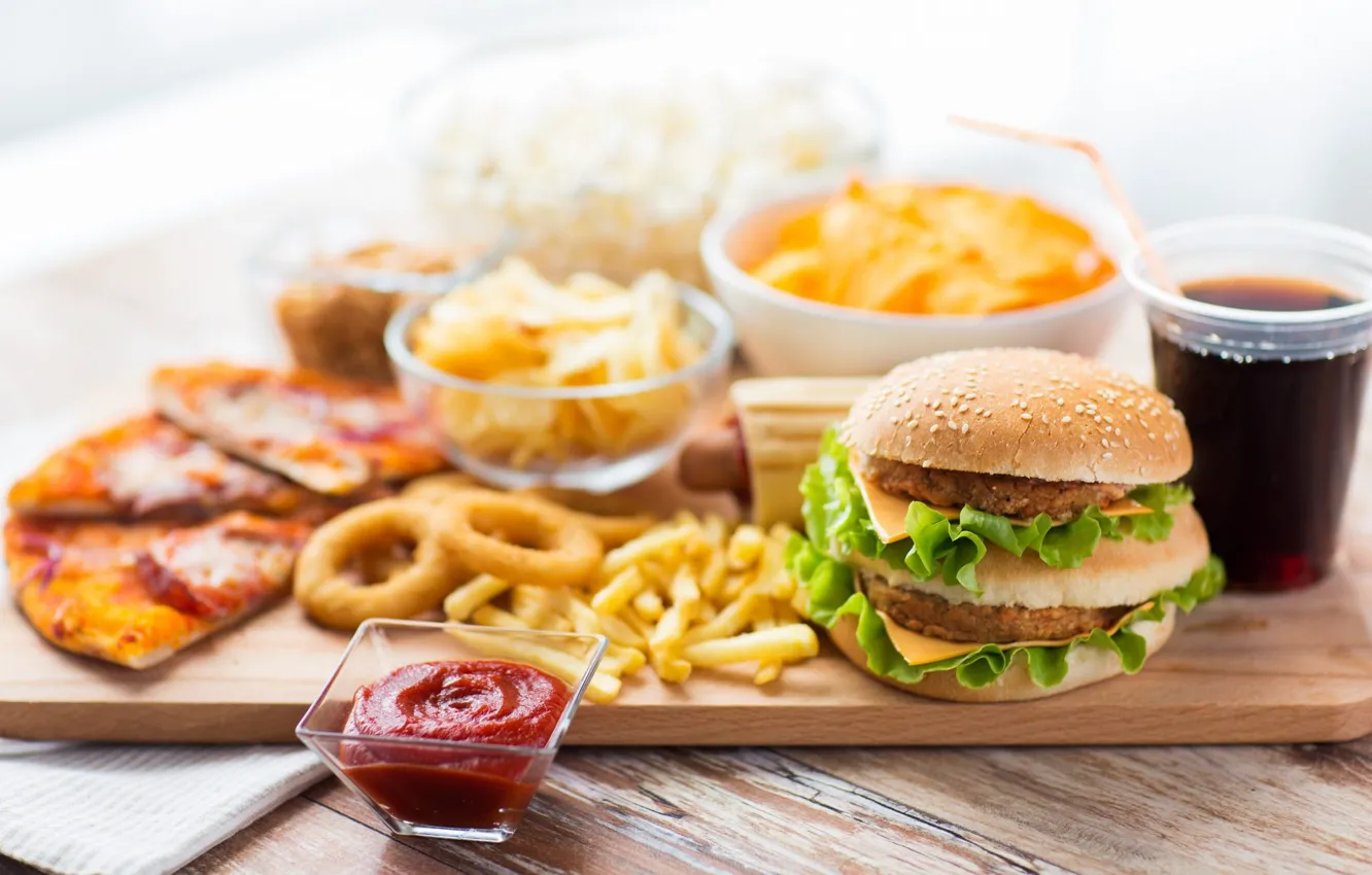Photo wallpaper Cola, chips, potatoes, Burger, fast food