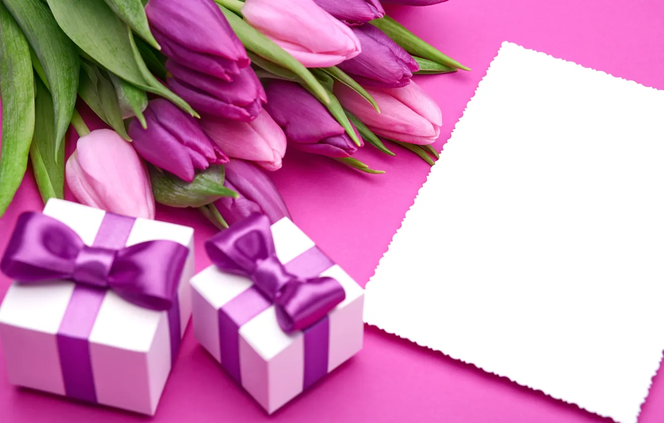 Photo wallpaper bouquet, tulips, love, bow, fresh, pink, flowers, romantic