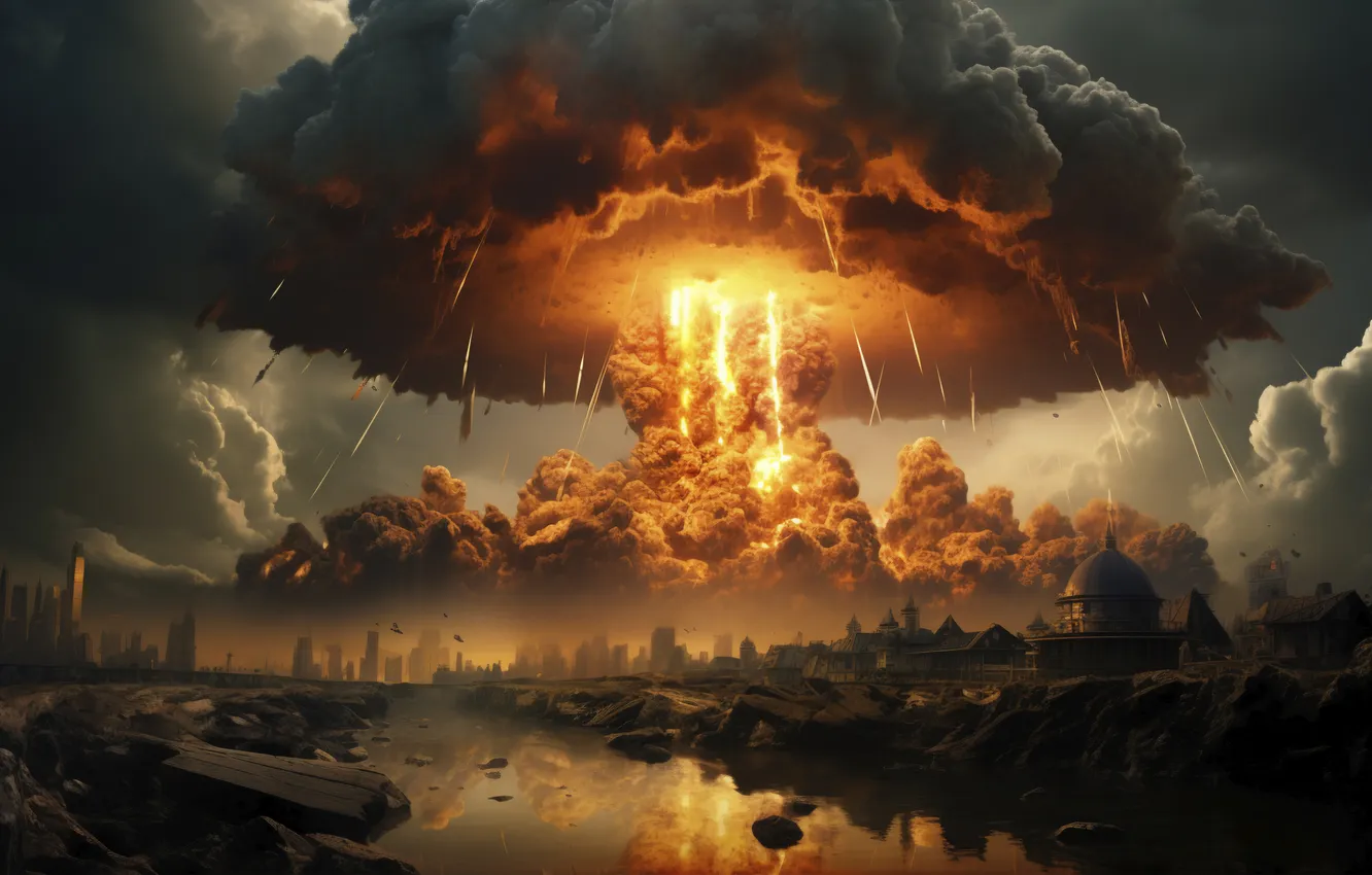 Photo wallpaper the explosion, clouds, the city, lights, mushrooms, home, destruction, a nuclear explosion