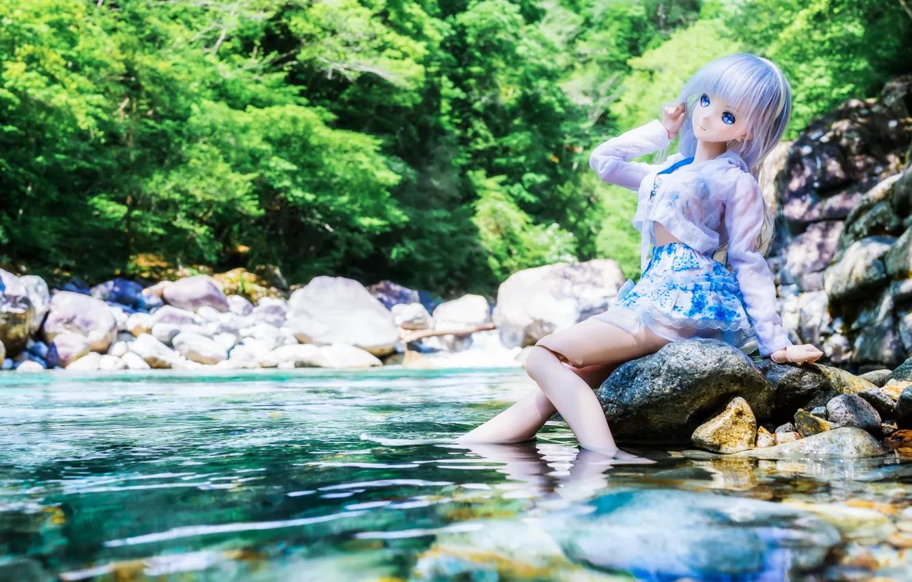 Photo wallpaper summer, water, trees, river, stones, stay, doll