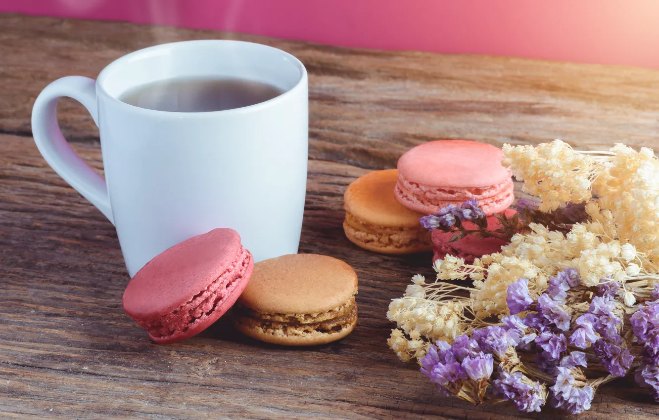 Photo wallpaper flowers, tea, cake, pasta