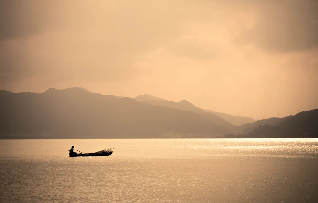 Photo wallpaper sea, night, boat