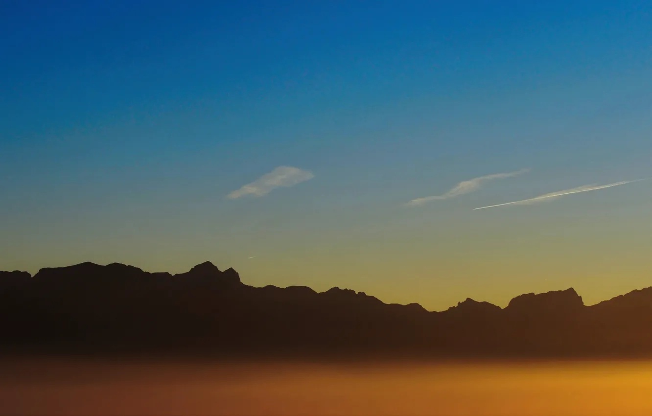 Photo wallpaper twilight, sky, sunset, mountains, clouds, dusk, peaks, silhouettes