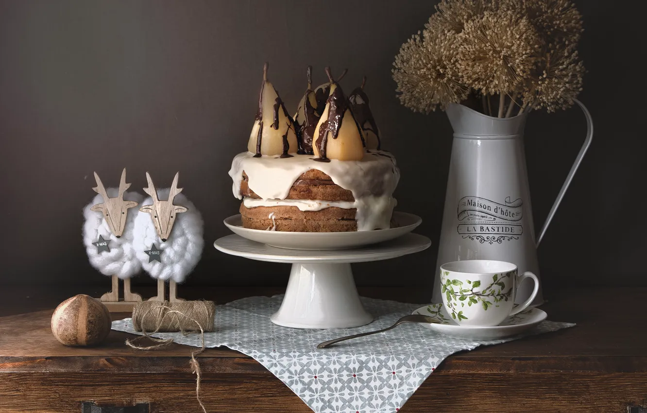 Photo wallpaper flowers, table, toy, Board, bouquet, spoon, Cup, cake