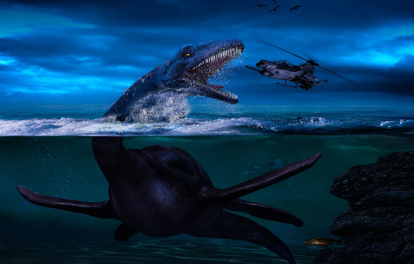 Photo wallpaper sea, the sky, water, dinosaur, helicopter, the plesiosaur.