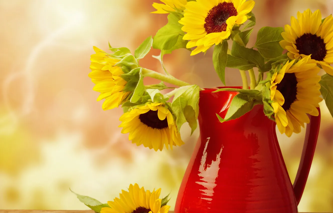 Photo wallpaper leaves, sunflowers, flowers, bouquet, pitcher, gold