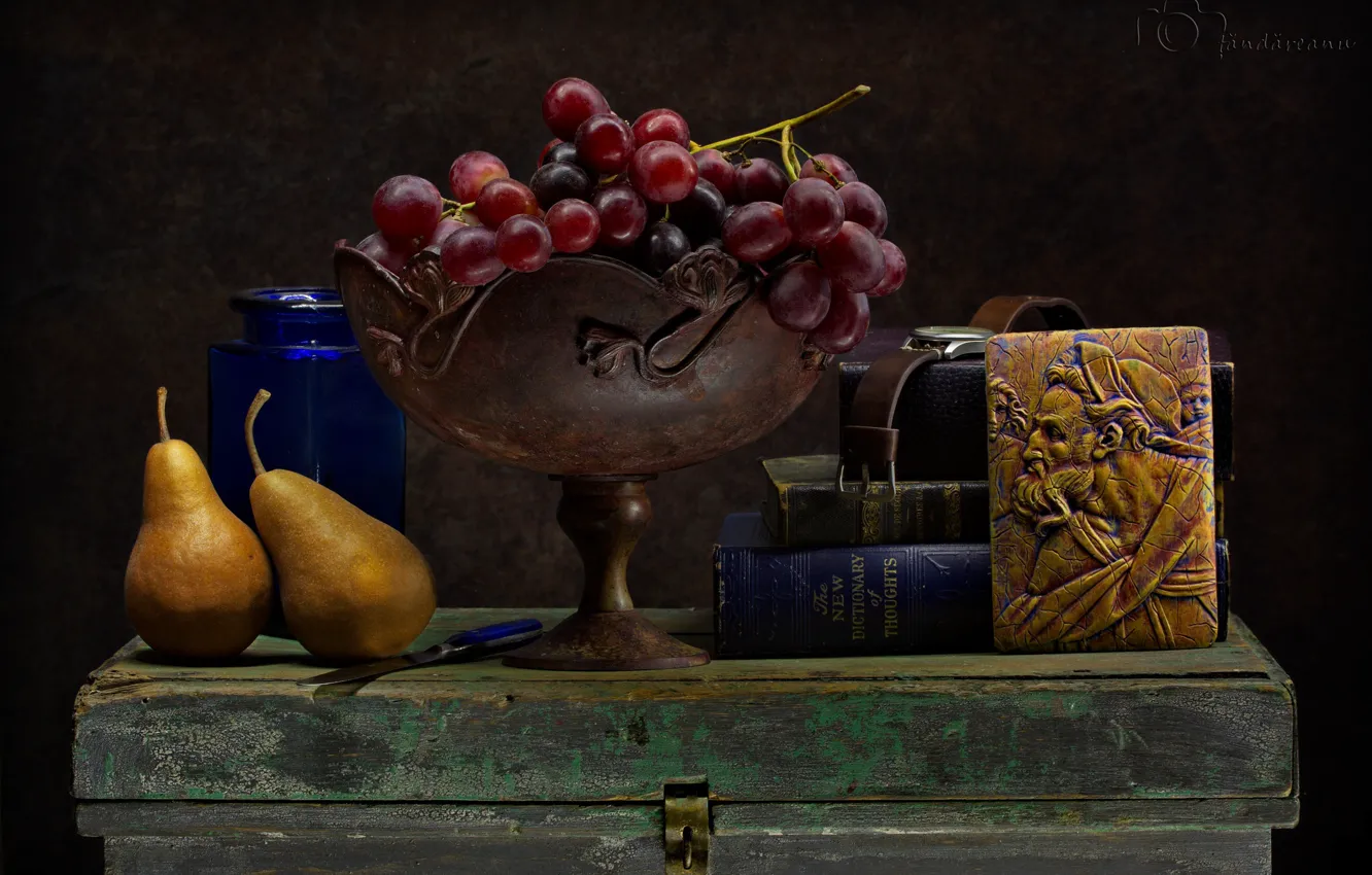 Photo wallpaper grapes, dishes, pear