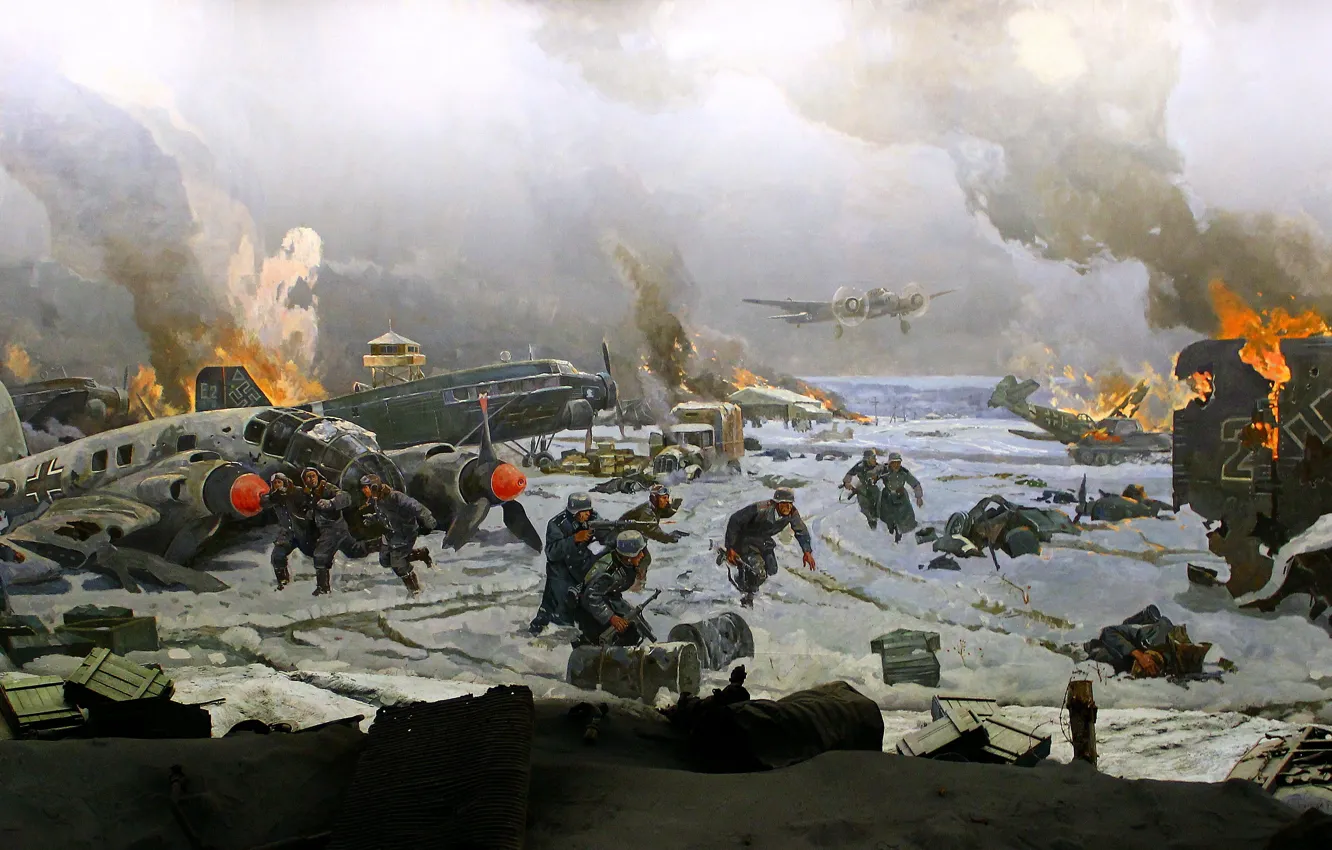 Photo wallpaper winter, war, attack, soldiers, tank, 1942, The second World war, Russian