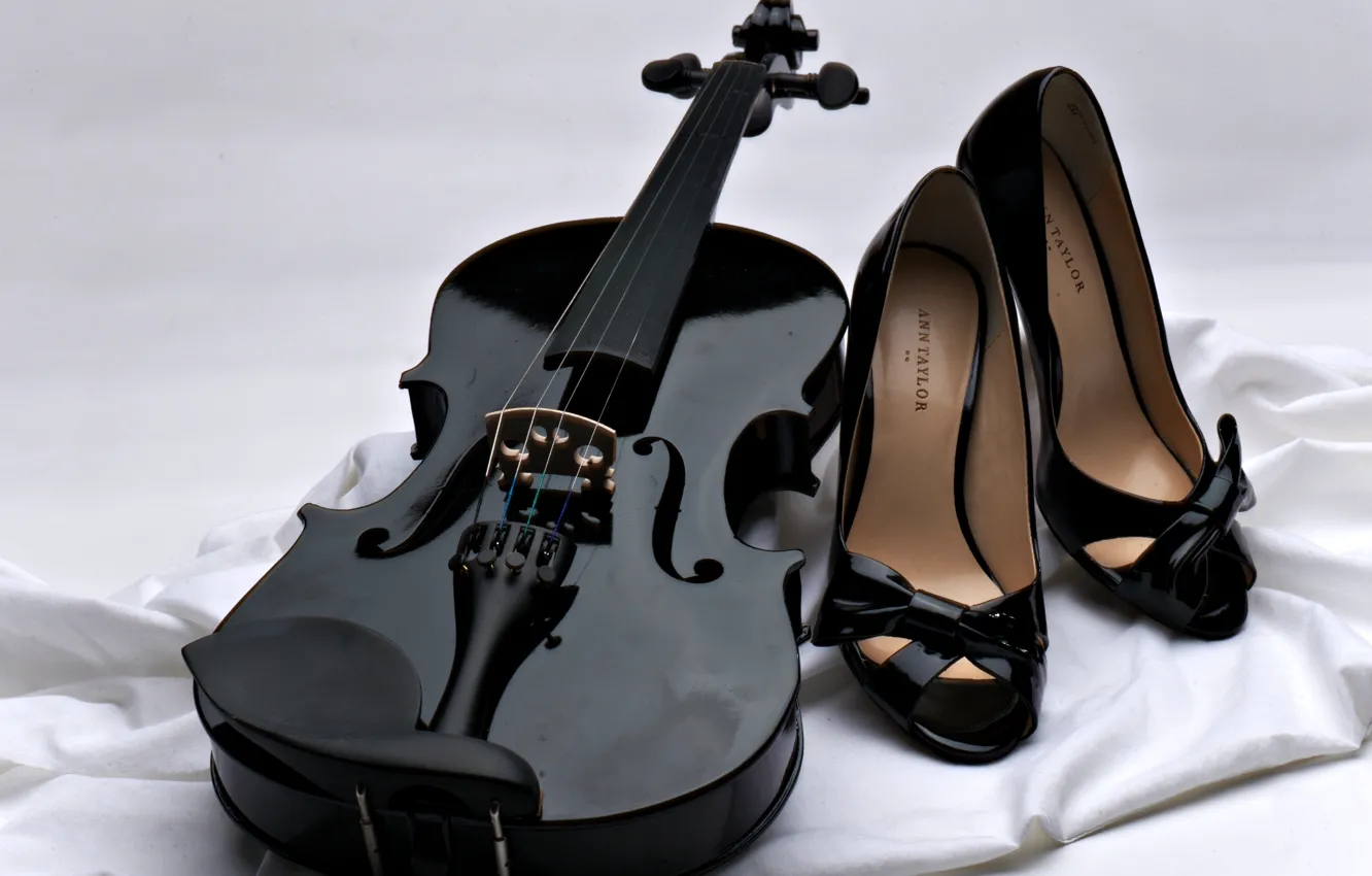 Photo wallpaper music, background, violin, strings, shoes, black, fabric, white