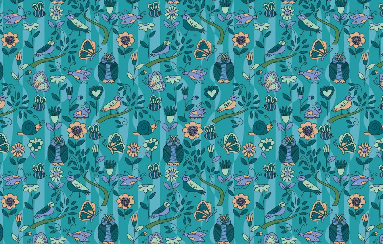 Photo wallpaper background, blue, owl, butterfly, color, snail, texture, hearts