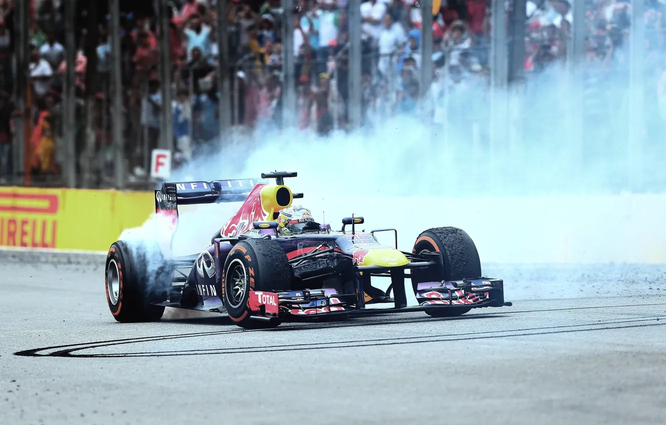 Photo wallpaper Smoke, Brazil, Formula 1, Vettel, Champion, Red bull, Donut, Interlagos