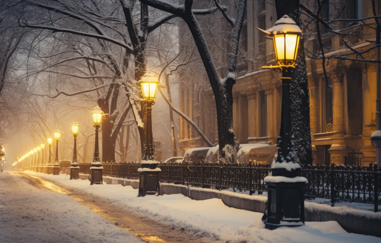 Photo wallpaper winter, snow, night, Park, street, lights, alley, night