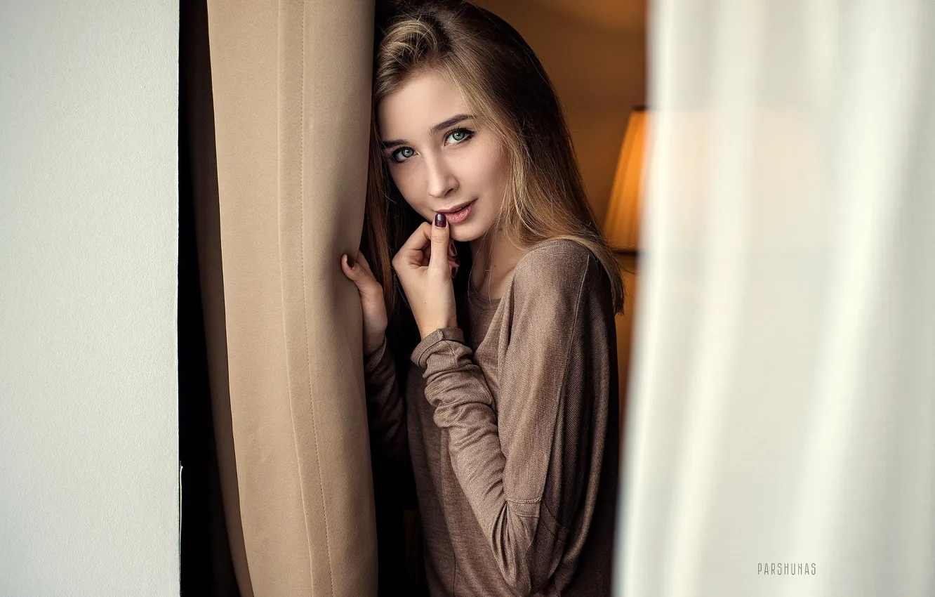 Photo wallpaper look, pose, model, portrait, hands, makeup, hairstyle, curtains