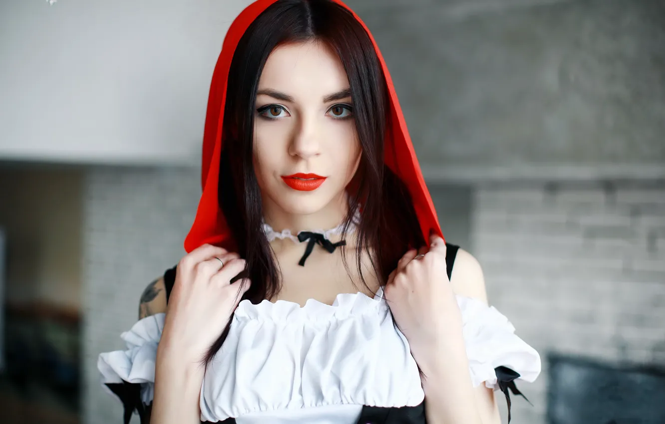Photo wallpaper girl, model, little red riding hood, Ariel, red lipstick, The Red Riding Hood's Story
