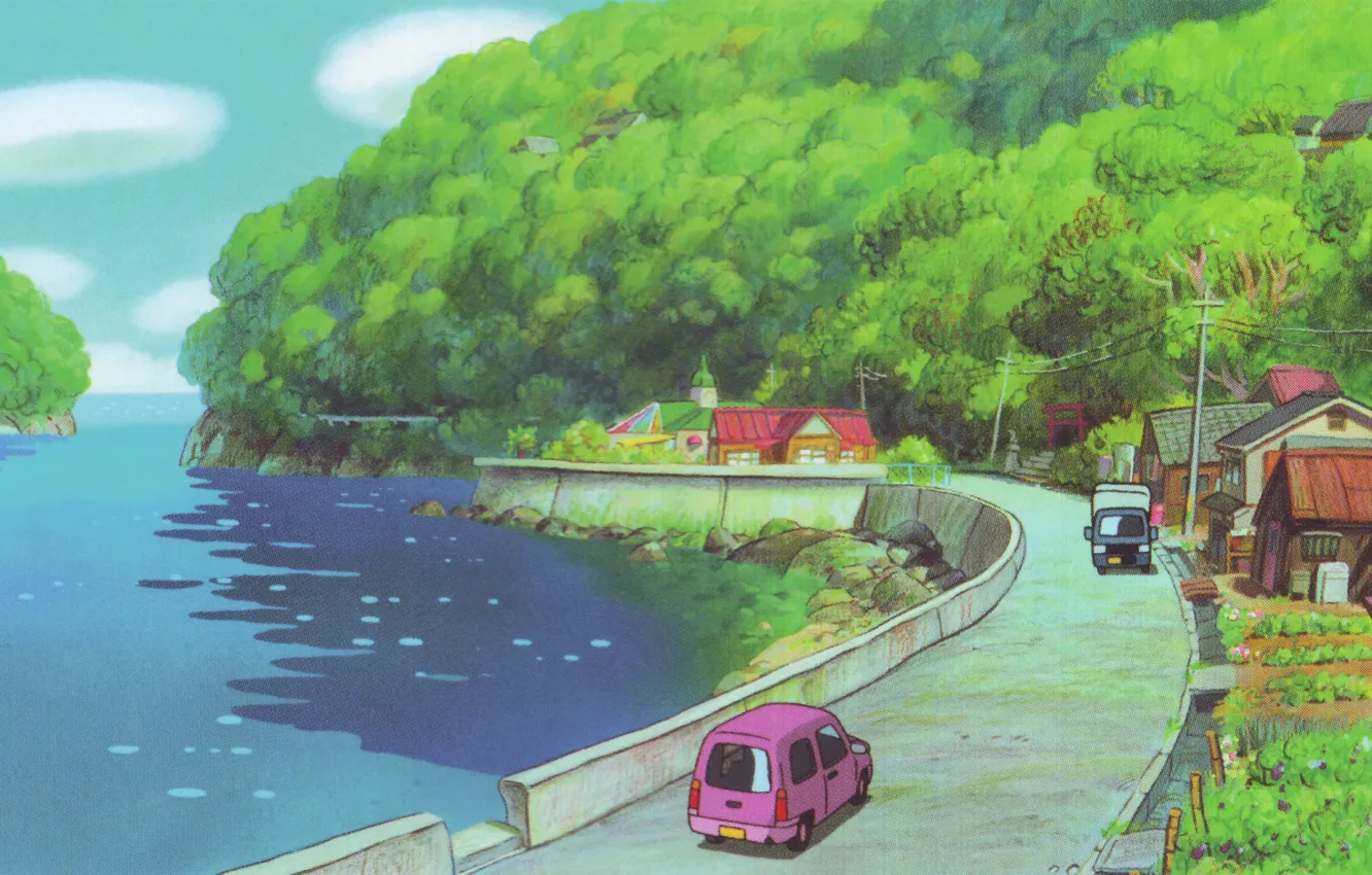 Photo wallpaper road, roof, sea, machine, summer, trees, posts, wire