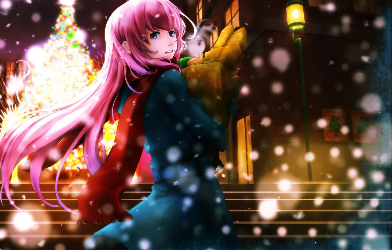 Photo wallpaper cold, winter, girl, snow, holiday, tree, scarf, art
