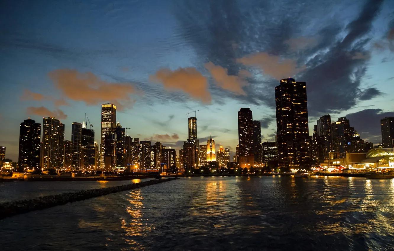 Photo wallpaper night, the city, lights, river, skyscrapers, Chicago, Illinois