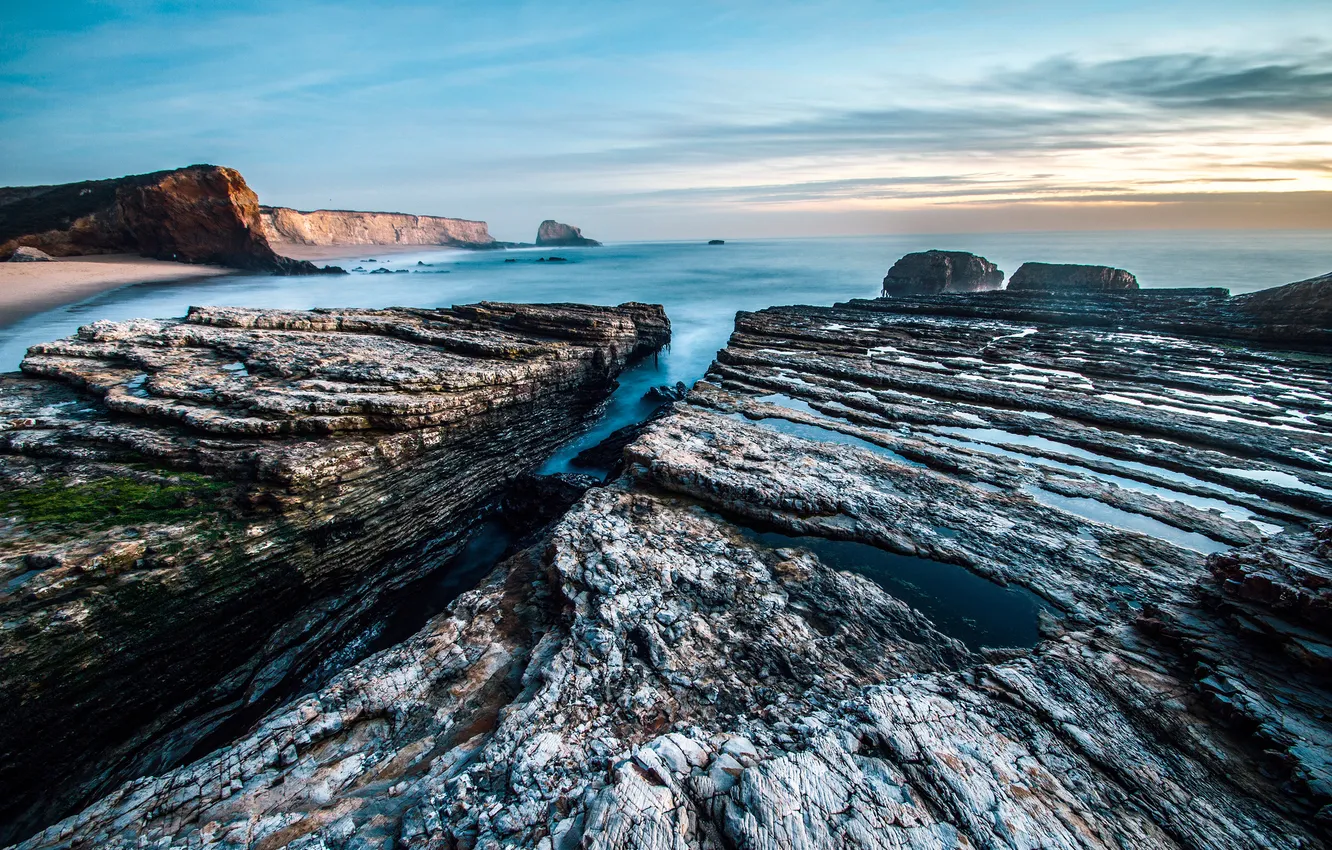 Photo wallpaper sea, the sky, clouds, mountains, stones, rocks