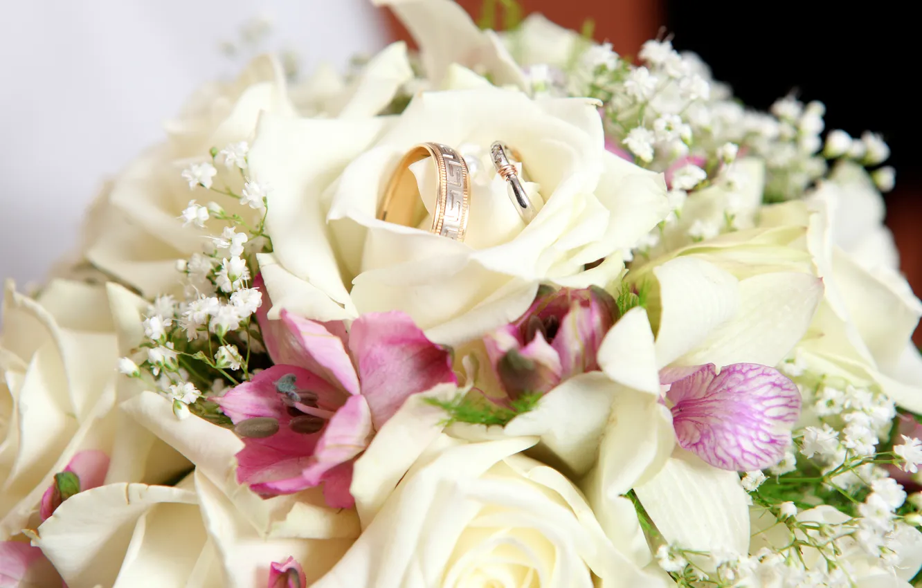 Photo wallpaper flowers, bouquet, flowers, engagement rings, bouquet, wedding rings