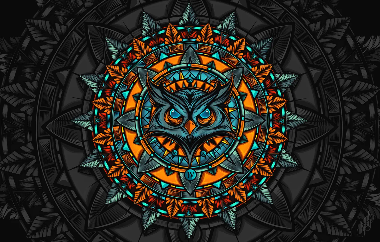 Photo wallpaper owl, sign, totem, owl mandalathingy