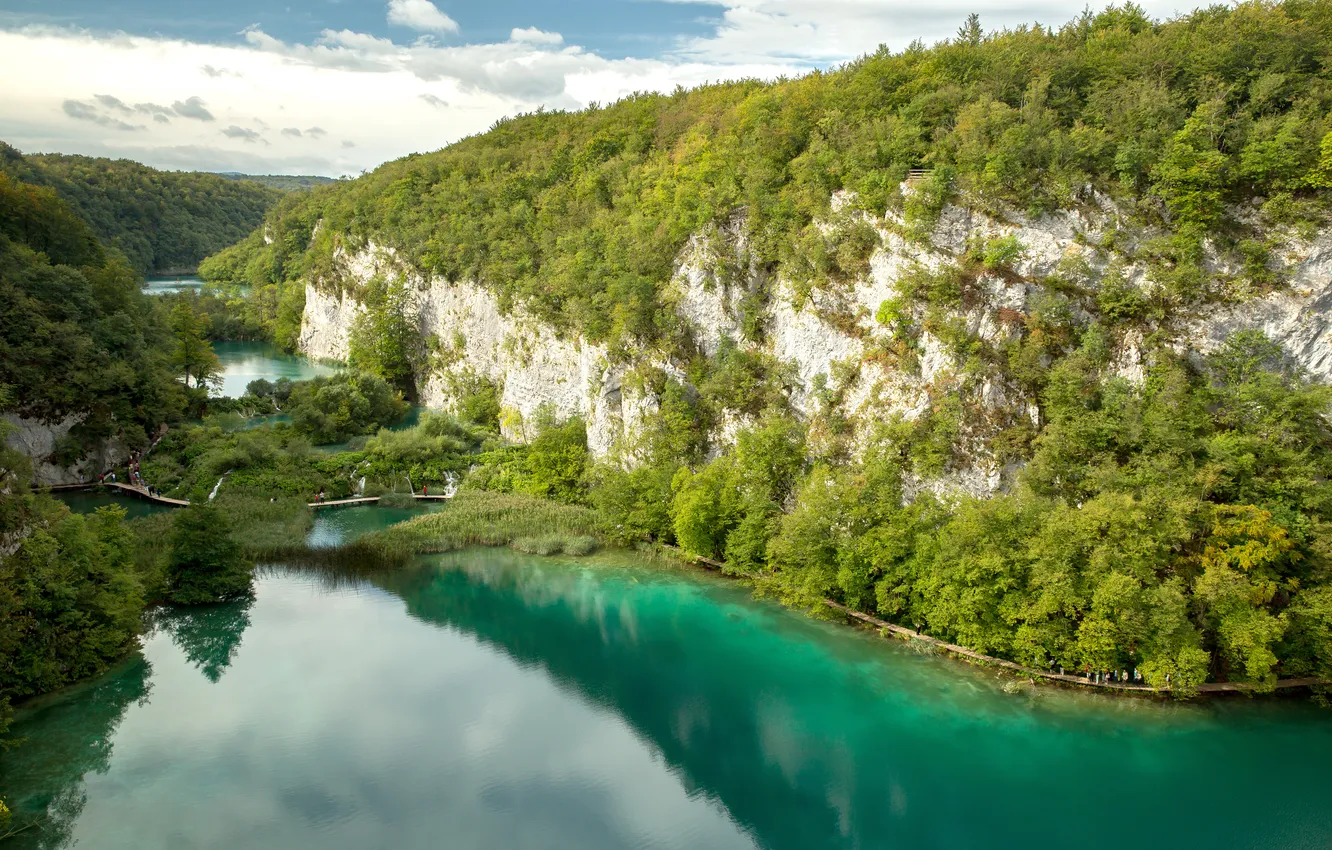 Photo wallpaper forest, bridge, rock, river, Croatia, Plitvice lakes