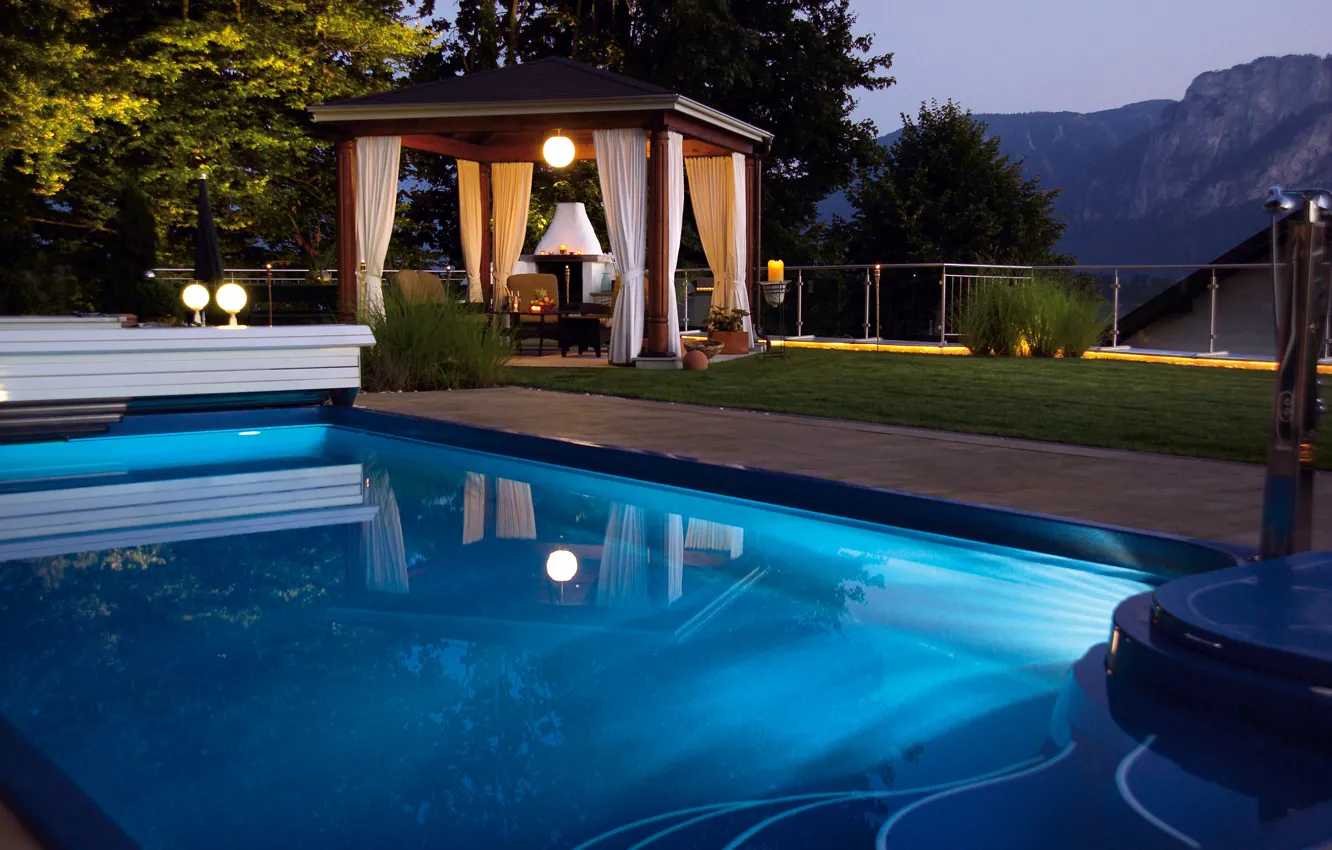 Photo wallpaper landscape, mountains, nature, pool